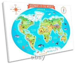 Animals of the World Map Picture SINGLE CANVAS WALL ART Print Turquoise