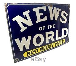 Antique Enamel News Of The World Best Weekly Paper Mounted Sign Large