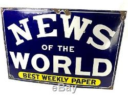 Antique Enamel News Of The World Best Weekly Paper Mounted Sign Large