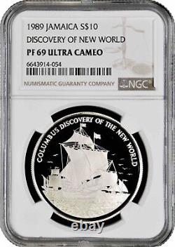 Jamaica 10 dollars 1989, NGC PF69 UC, Columbus Discovery of the New World