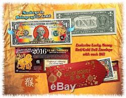 Lot of 25 Chinese New YEAR OF THE MONKEY 2016 Lucky Money Gold Hologram $1 BILL