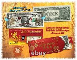 Lot of 25 Chinese New Year 24KT GOLD Lucky Money 2016 YEAR OF THE MONKEY $1 BILL