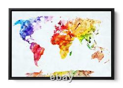 Map of the World Colourful White CANVAS FLOATER FRAME Wall Art Print Picture