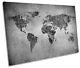 Map Of The World Grunge B&w Single Canvas Wall Art Print Picture