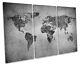 Map Of The World Grunge B&w Treble Canvas Wall Art Box Framed Print