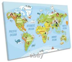 Map of the World Kids Print SINGLE CANVAS WALL ART Picture Blue