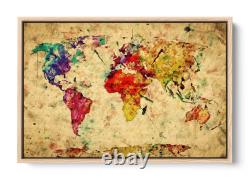 Map of the World Watercolours Grunge CANVAS FLOATER FRAME Wall Art Print