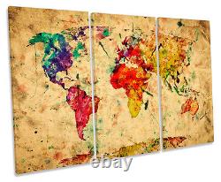 Map of the World Watercolours Grunge TREBLE CANVAS WALL ART Box Framed Print