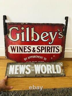 News Of The World 1930s Ad Sign / 1920s Gilbeys wine & Spirits Enamel Signs