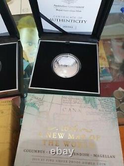 Set 2 x 2019 $5 Fine Silver Domed Proof Coin New Map of The World Cook & Columbs