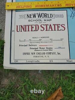 Vintage New World Series School Map of the United States / Paper on Linen with B