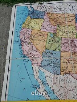 Vintage New World Series School Map of the United States / Paper on Linen with B