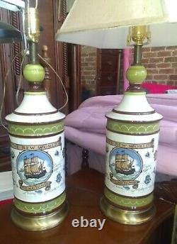 Vintage Pair Of 2 Ceramic The New World, The Mayflower Ship Lamps