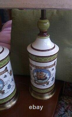 Vintage Pair Of 2 Ceramic The New World, The Mayflower Ship Lamps