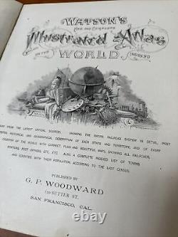 1889 Nouvel atlas illustré complet et indexé du monde de Watson, reliure rare en cuir.