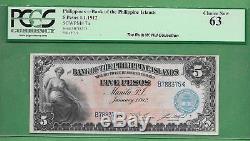 1912 Banque Des Îles Philippines Cinq Peso P-7a Pcgs Choice New 63 Scarce
