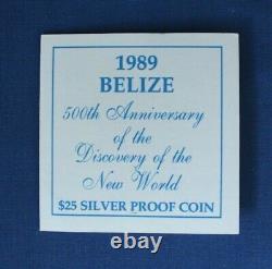 1989 Belize Pièce de 25 $ en argent épreuve avec découverte du Nouveau Monde dans un étui avec COA
