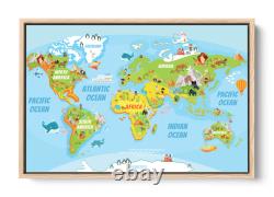 Carte du monde pour enfants Cadre flottant en toile bleue Impression d'art mural Image