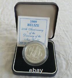 Découverte du Nouveau Monde par Colomb à Belize en 1989 - Épreuve en argent de 25 $ dans un coffret avec certificat d'authenticité