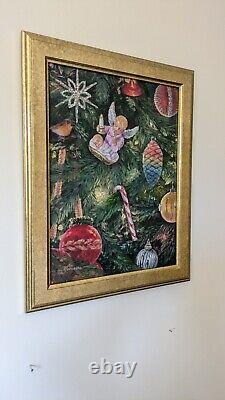 La Lumière du Monde Peinture à l'Huile Sapin de Noël 30 x 40 cm Art Original Nouveau