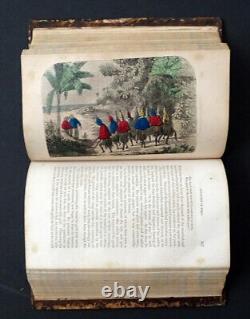 Livre antique de 1858 sur les héros pionniers du Nouveau Monde avec des gravures coloriées à la main