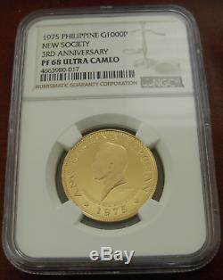 Philippines 1975 Gold 1000 Piso Ngc Pf68uc 3ème Anniversaire De La Nouvelle Société