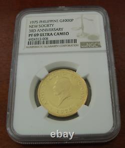 Philippines 1975 Or 1000 Piso Ngc Pf69uc 3e Anniversaire De La Nouvelle Société